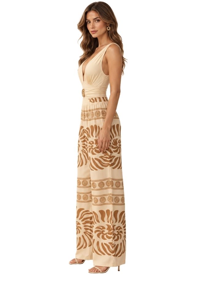 Women Ivory 2-Piece Swimwear Set with Ruched One-Piece Swimsuit & Printed Jumpsuit Cover-Up Resortwear