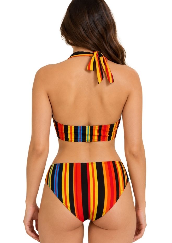Women Multicolour Striped 3-Piece Bikini Set with Sheer Longline Cover-Up