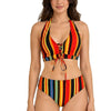 Women Multicolour Striped 3-Piece Bikini Set with Sheer Longline Cover-Up