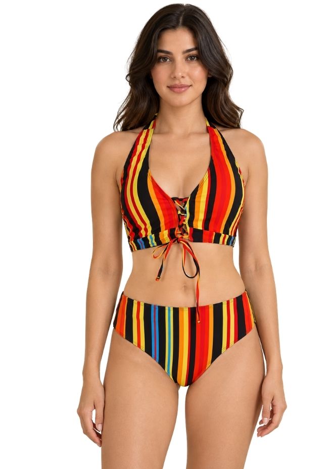Women Multicolour Striped 3-Piece Bikini Set with Sheer Longline Cover-Up