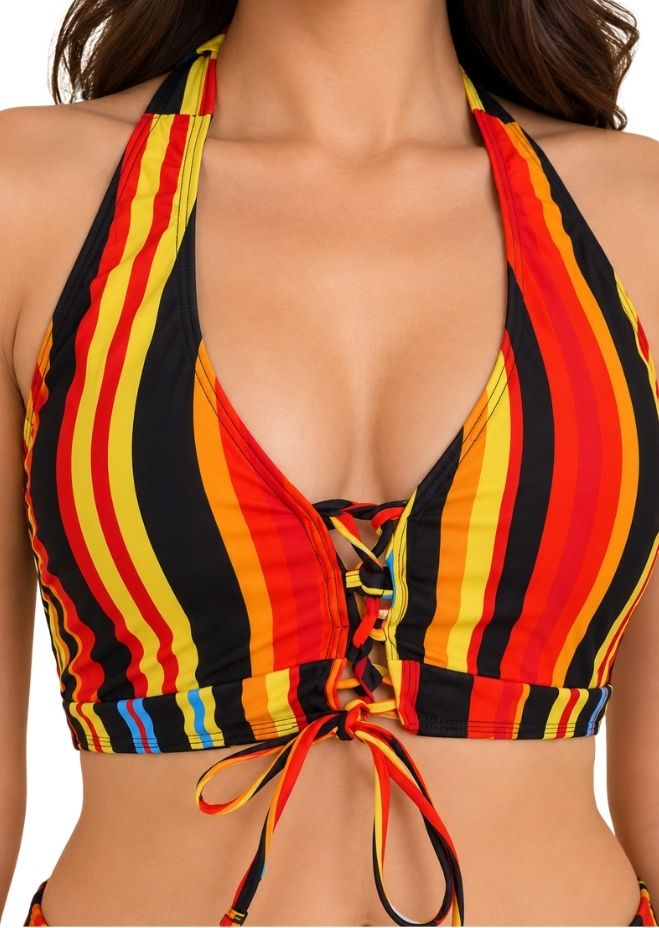 Women Multicolour Striped 3-Piece Bikini Set with Sheer Longline Cover-Up
