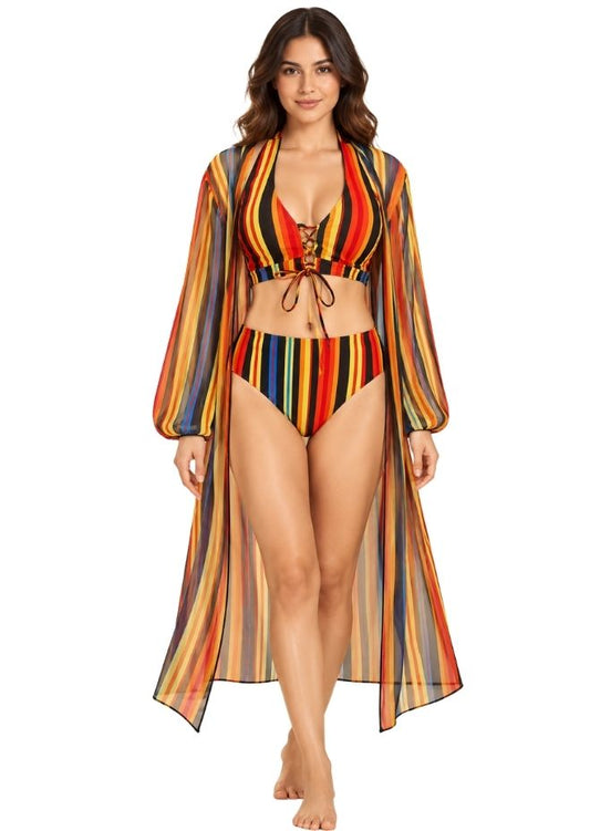 Women Multicolour Striped 3-Piece Bikini Set with Sheer Longline Cover-Up