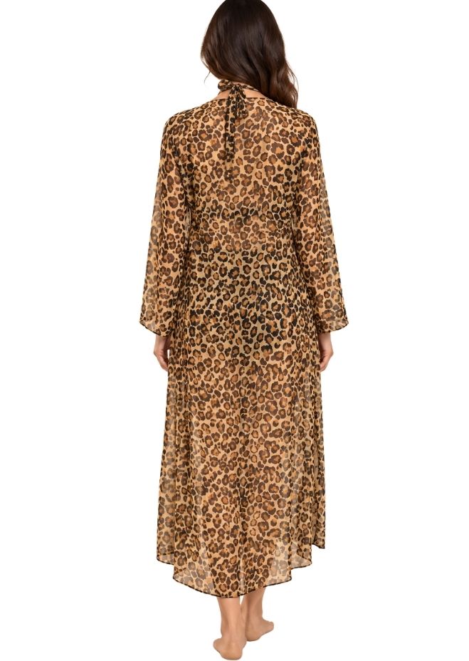 Women Mustard & Black Leopard Print 3-Piece Swimwear Set with Sheer Cover-Up
