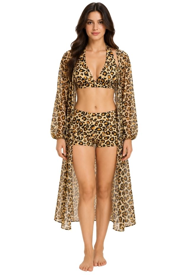 Women Mustard & Black Leopard Print 3-Piece Swimwear Set with Sheer Cover-Up