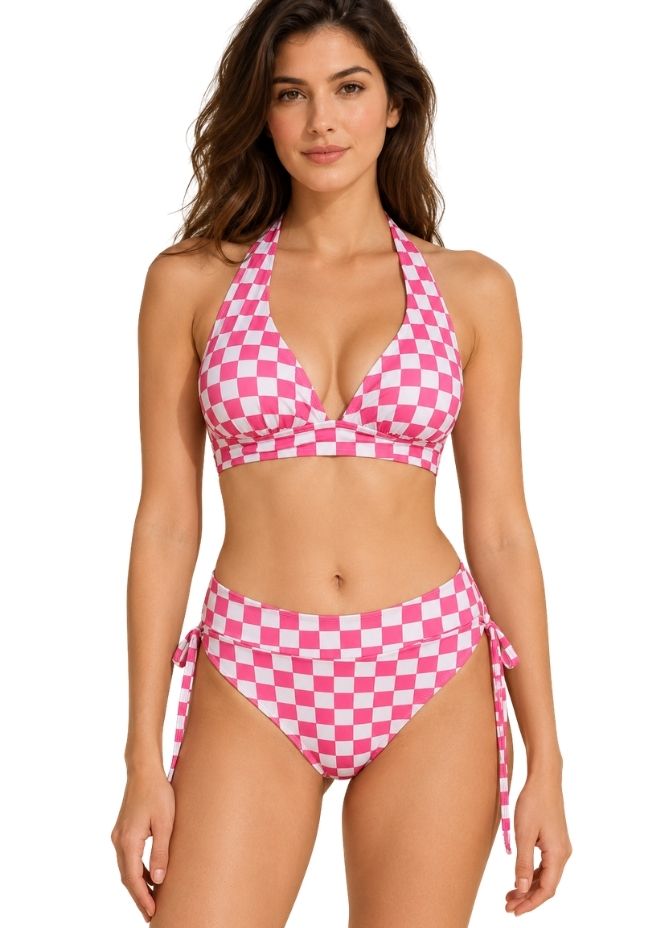 Women Pink & White Checked 3-Piece Swimwear Set with Sheer Longline Cover-Up