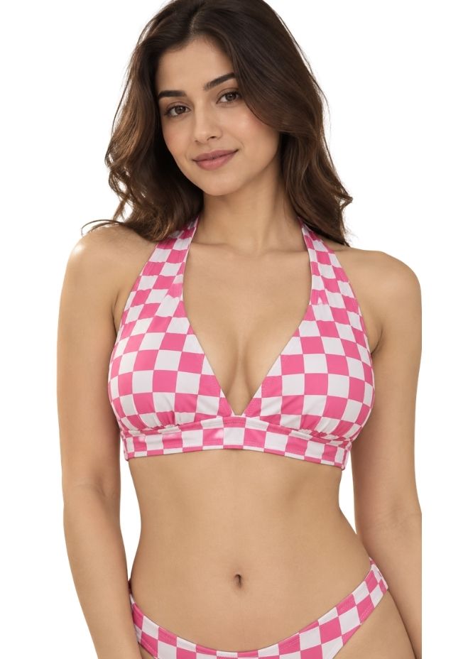 Women Pink & White Checked 3-Piece Swimwear Set with Sheer Longline Cover-Up