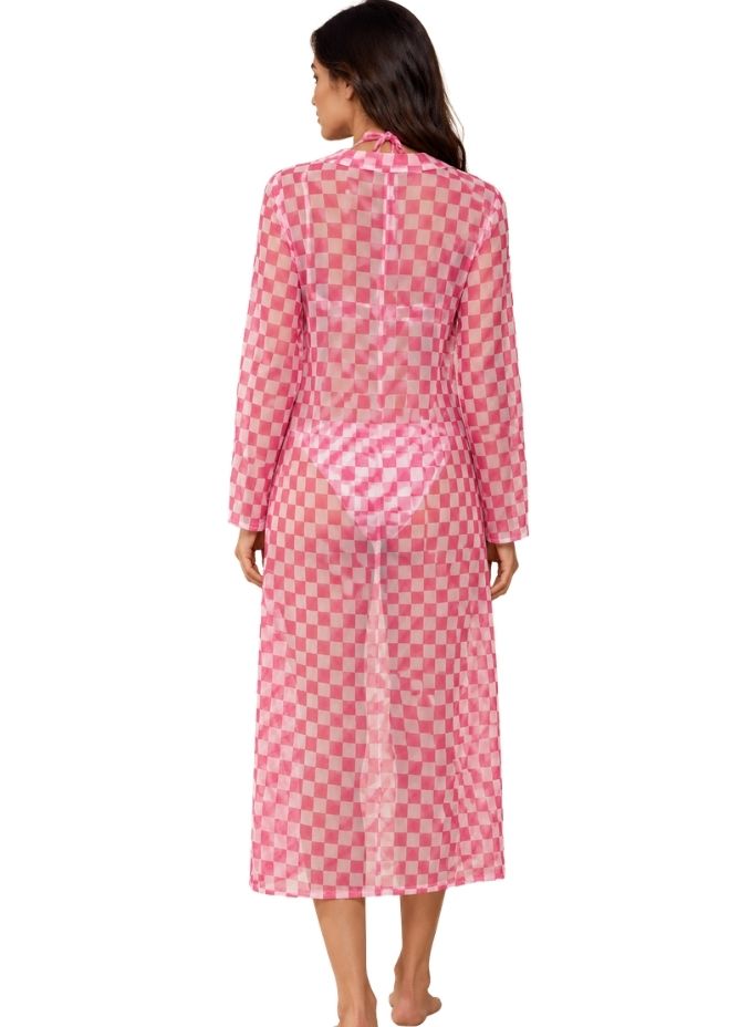 Women Pink & White Checked 3-Piece Swimwear Set with Sheer Longline Cover-Up