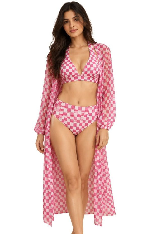 Women Pink & White Checked 3-Piece Swimwear Set with Sheer Longline Cover-Up