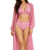 Women Pink & White Checked 3-Piece Swimwear Set with Sheer Longline Cover-Up