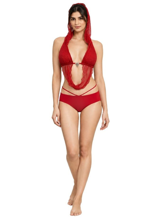 Women Red Halter Neck Cut-Out Swimwear Bikini Set with Lace Detail