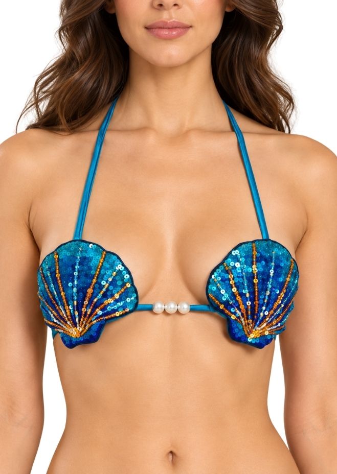 Women Teal Blue Embellished Shell-Cup Halter Neck Bikini Set