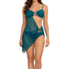 Women Teal Cut-Out 3 Piece Swimsuit with Sheer Mesh Drape & Gold-Tone Detail
