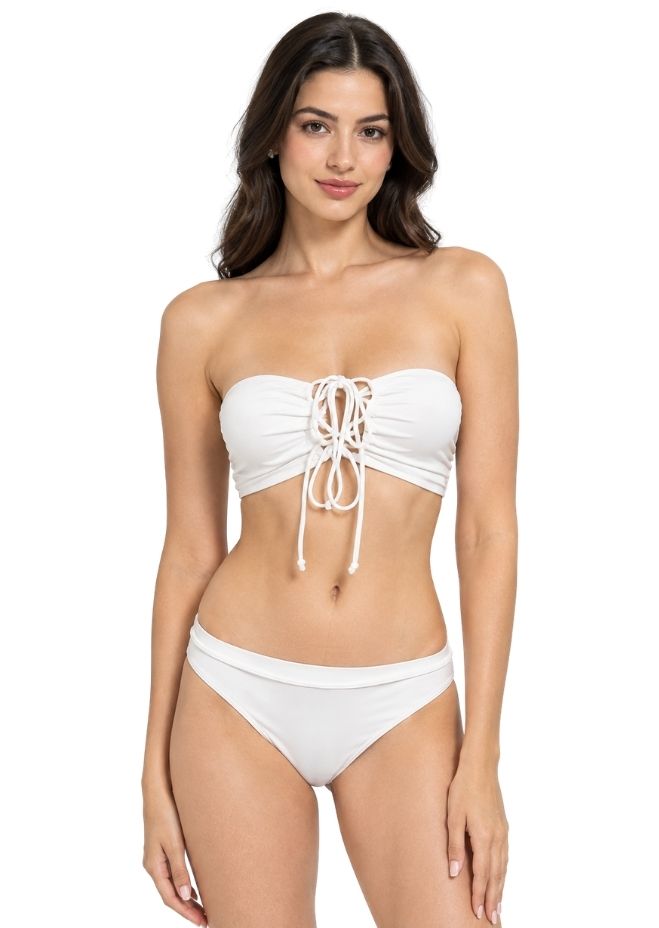 Women White Bandeau Bikini Set with Lace-Up Detail & Maxi Sarong