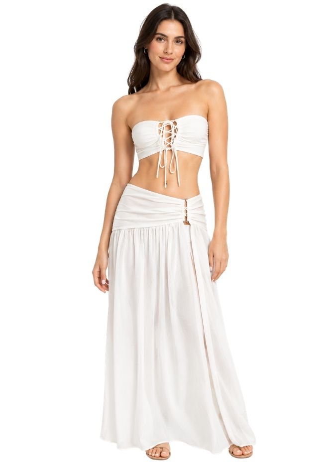 Women White Bandeau Bikini Set with Lace-Up Detail & Maxi Sarong
