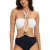 Women White & Black Cut-Out Halter Neck One-Piece Swimsuit