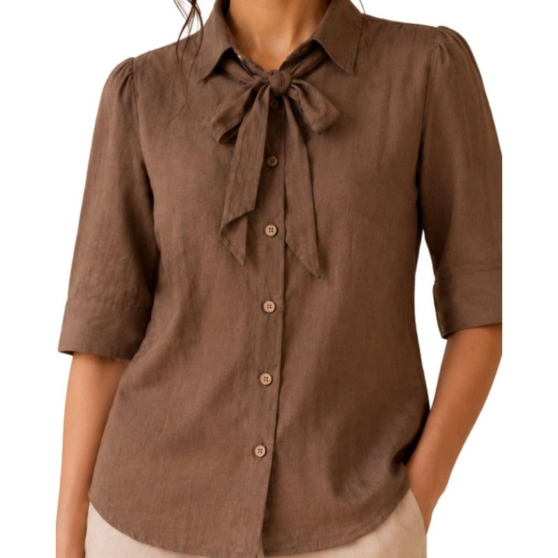 Women's Bow Neck Shirt | Stylish Formal Button-Down Top Brown