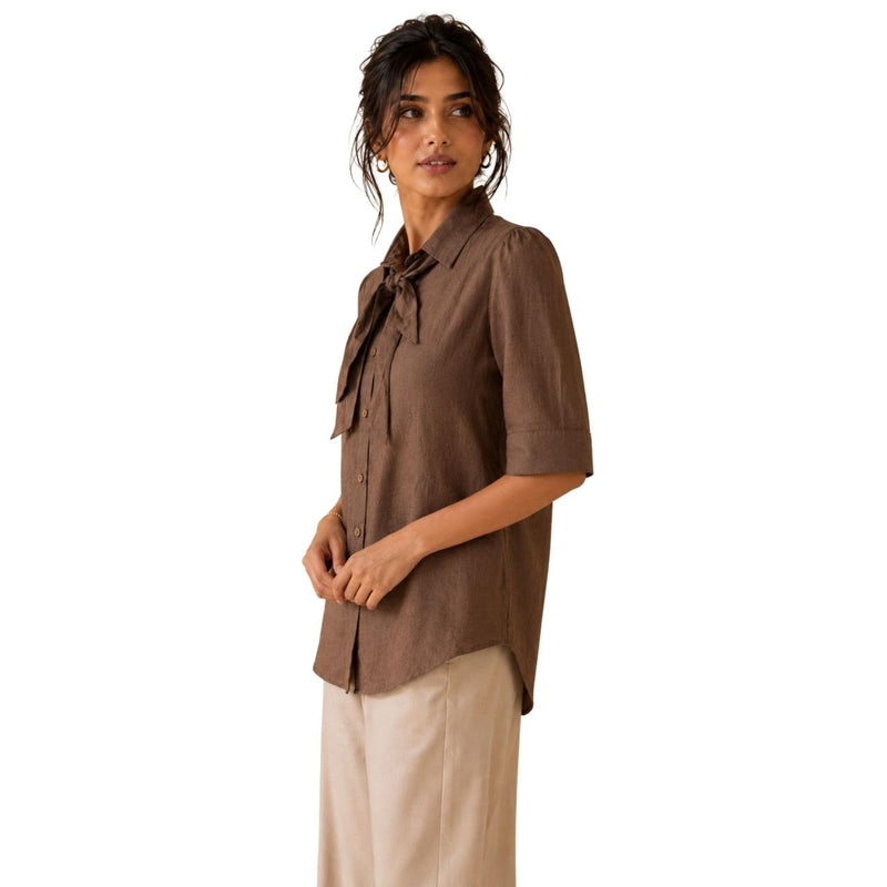 Women's Bow Neck Shirt | Stylish Formal Button-Down Top Brown