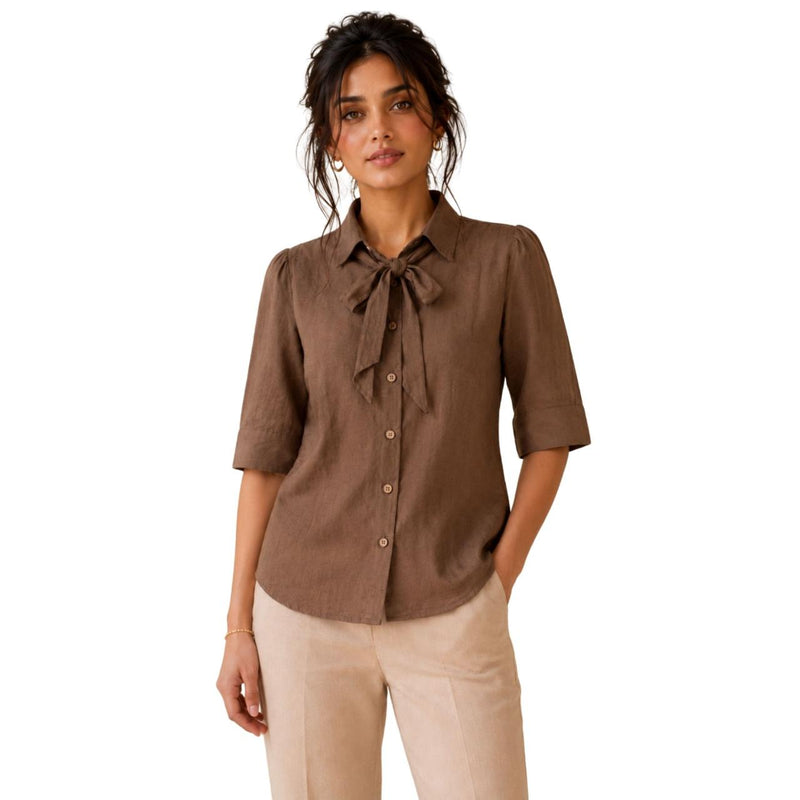 Women's Bow Neck Shirt | Stylish Formal Button-Down Top Brown