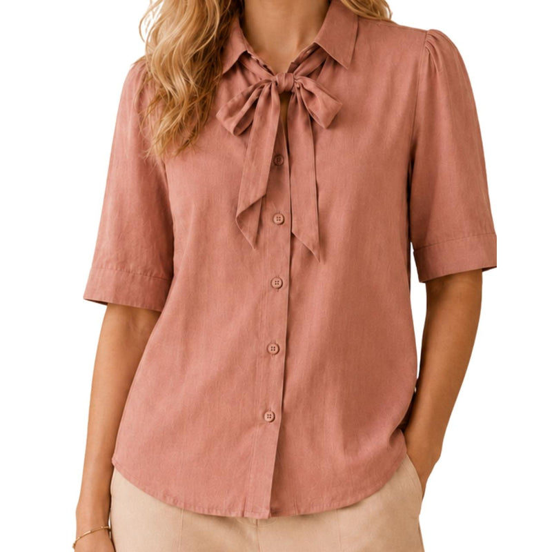 Women's Bow Neck Shirt | Stylish Formal Button-Down Top Dusty Rose Brown