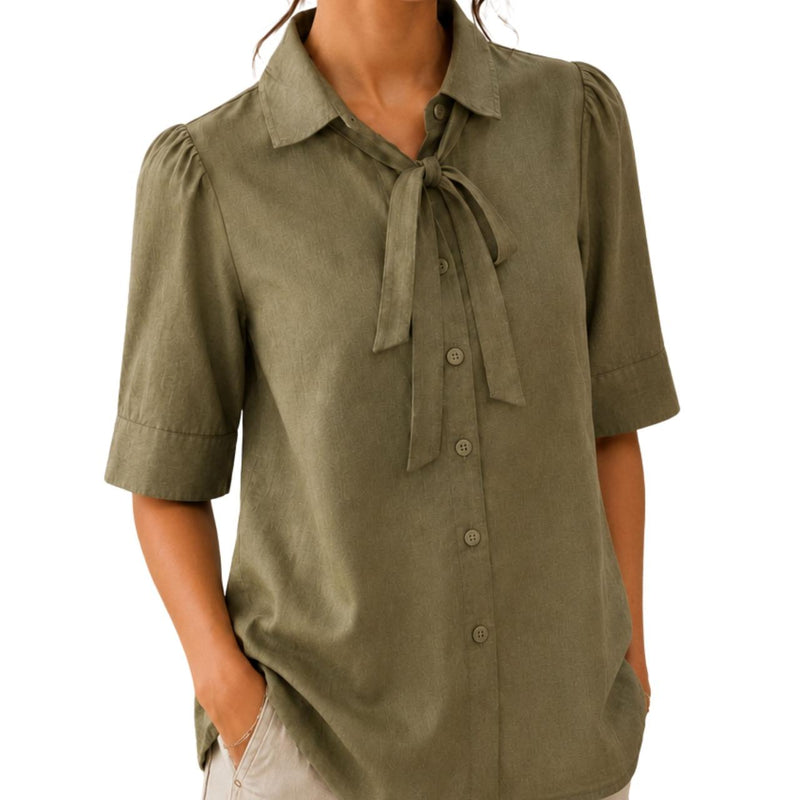 Women's Bow Neck Shirt | Stylish Formal Button-Down Top Muted olive green
