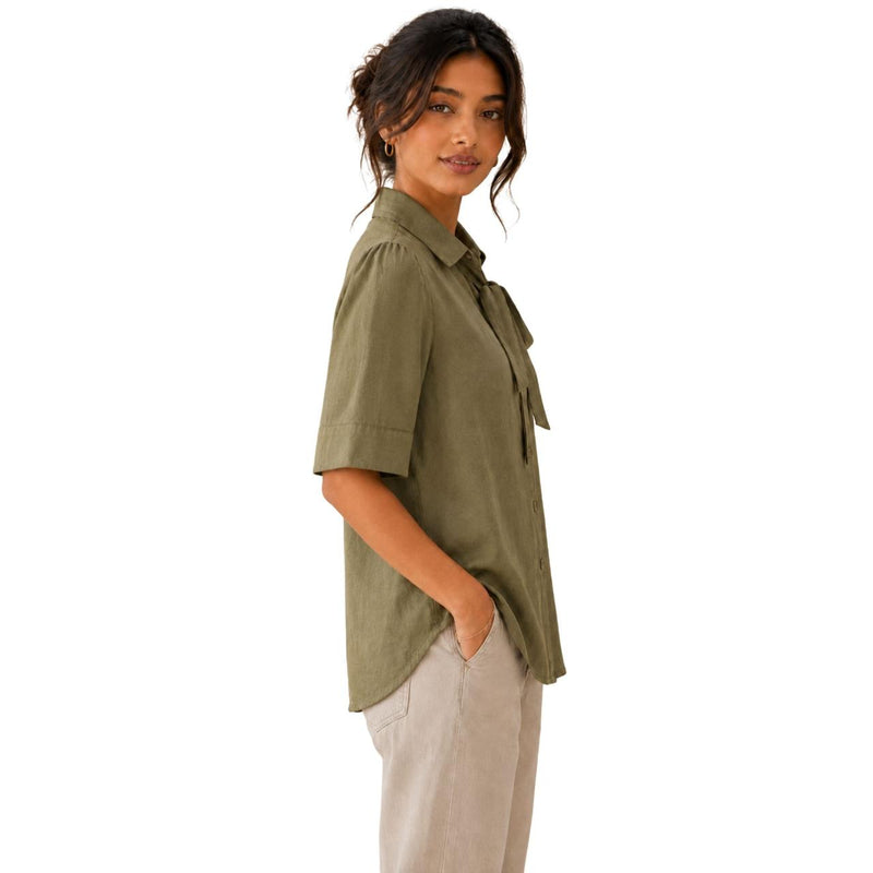 Women's Bow Neck Shirt | Stylish Formal Button-Down Top Muted olive green