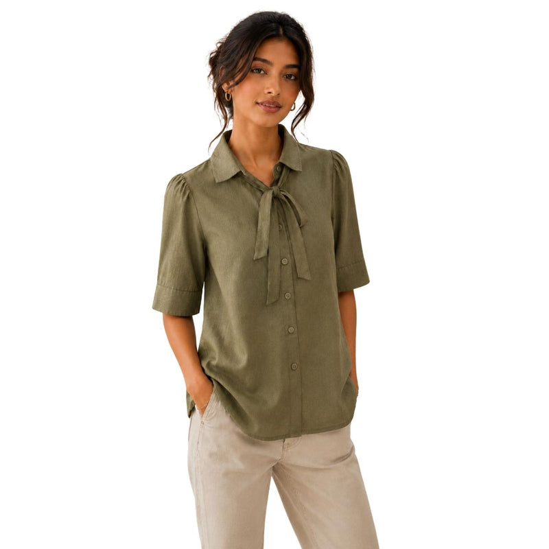 Women's Bow Neck Shirt | Stylish Formal Button-Down Top Muted olive green
