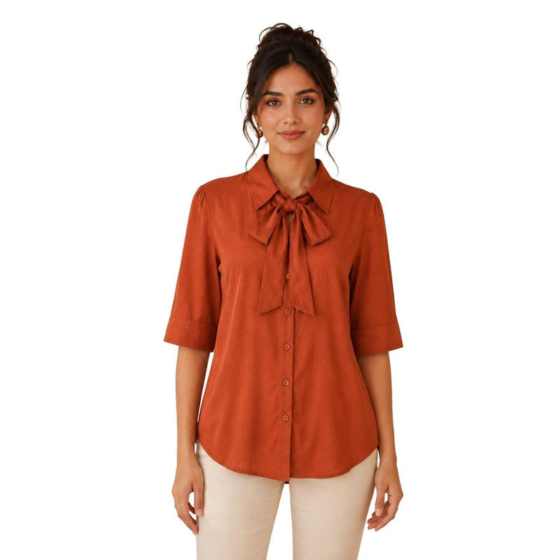 Women's Bow Neck Shirt | Stylish Formal Button-Down Top Red