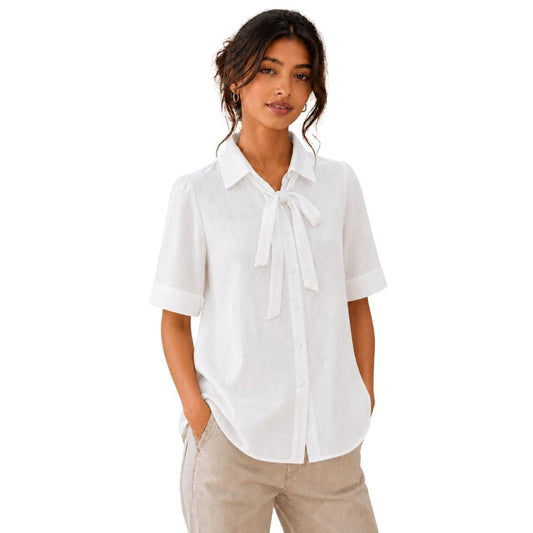 Women's Bow Neck Casual Shirt | Stylish Formal Button-Down Casual Shirt White
