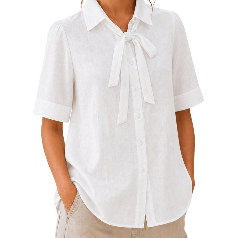 Women's Bow Neck Shirt | Stylish Formal Button-Down Top White