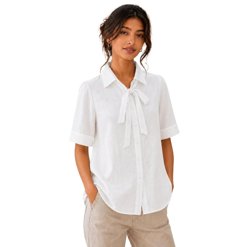 Women's Bow Neck Shirt | Stylish Formal Button-Down Top White