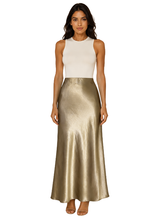 Women’s Champagne Gold High-Waisted Satin Long Skirt