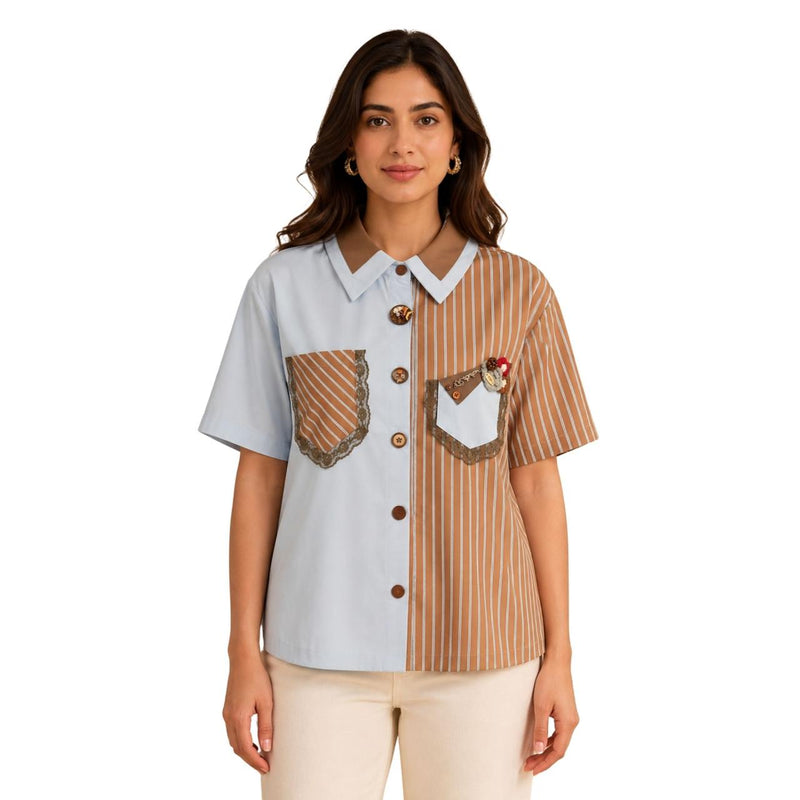 Women's Mocha Stripe Contrast Shirt