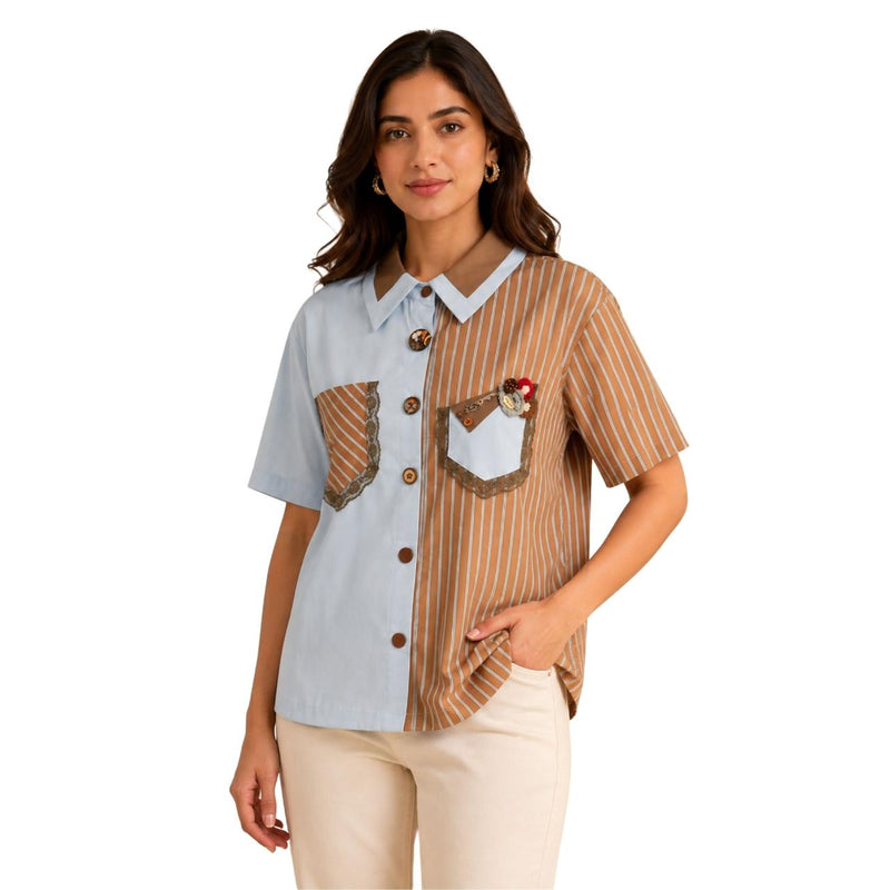 Women's Mocha Stripe Contrast Shirt