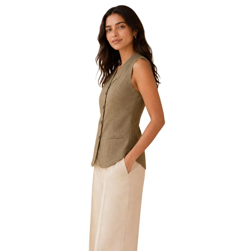 Women's Tailored Vest Top | Trendy Sleeveless Fashion Waistcoat Muted Olive Green