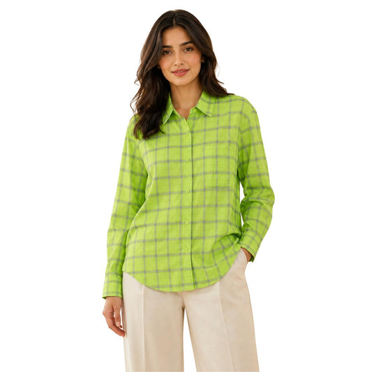 Women's Cotton Check Casual Shirt | Long Sleeve Casual Plaid Casual Shirt Green